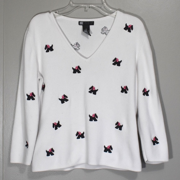 Carole Little Sweaters - White V-Neck Scotty Dog Sweater 3/4 Sleeve M